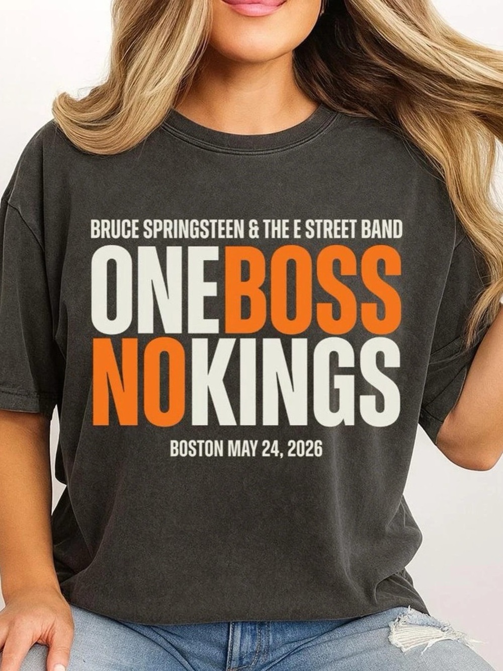 Bruce Springsteen Black Tee Shirt Orange White ONE BOSS NO KINGS Boston